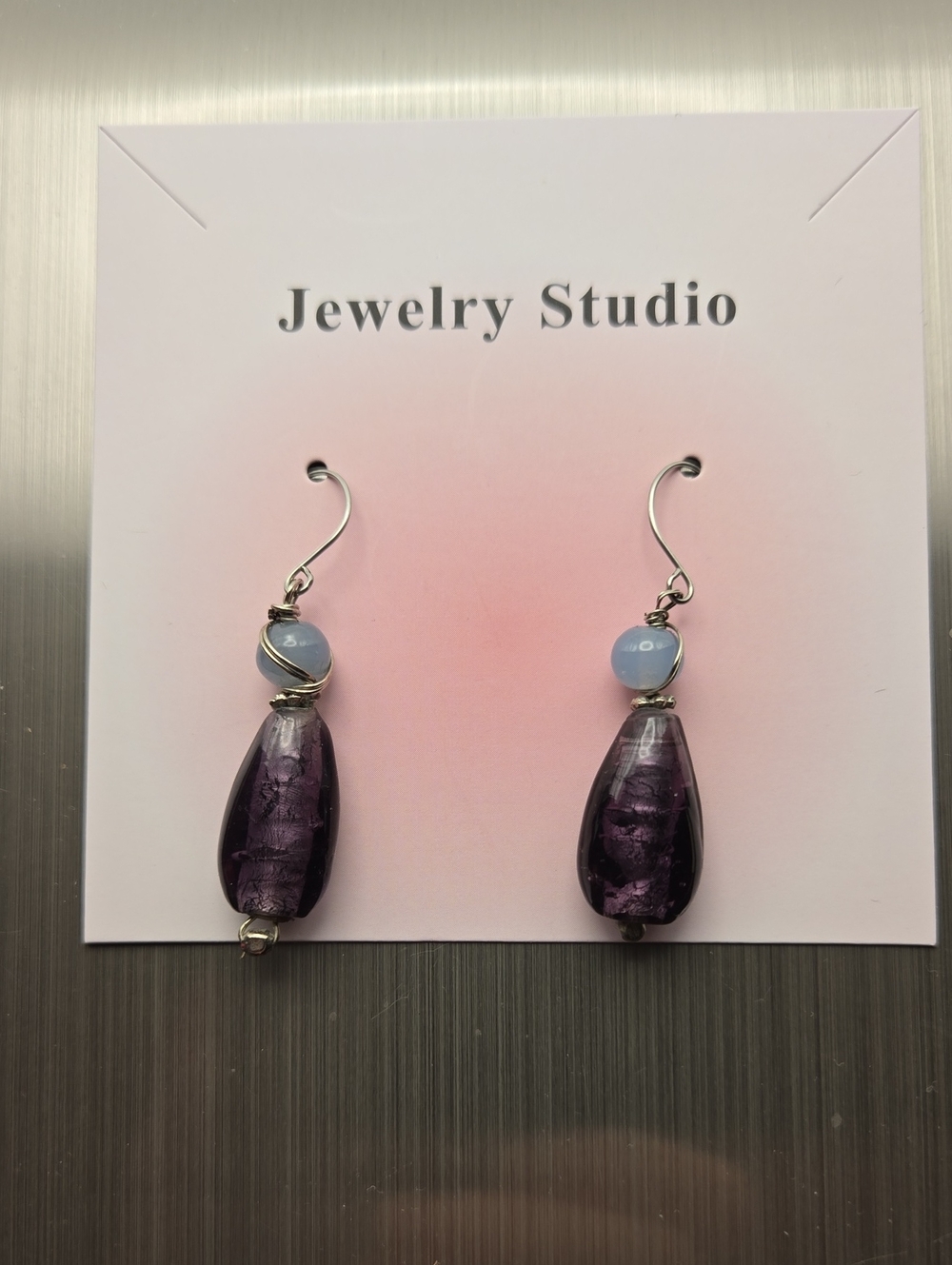 Purple Glass Teardrop Earrings with Light Blue Accent In Silver Tone